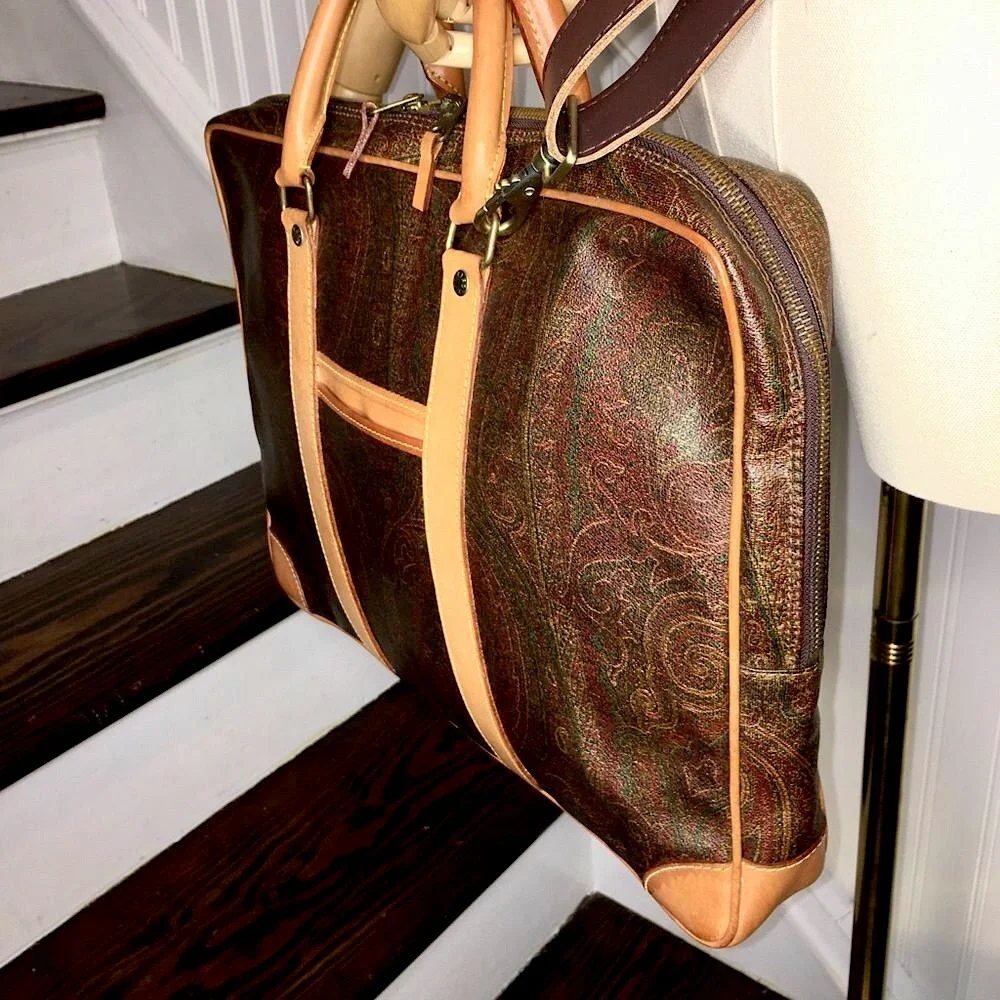 ETRO MILANO Red Paisley Coated Canvas Vachetta Top Handle Briefcase Laptop Bag
